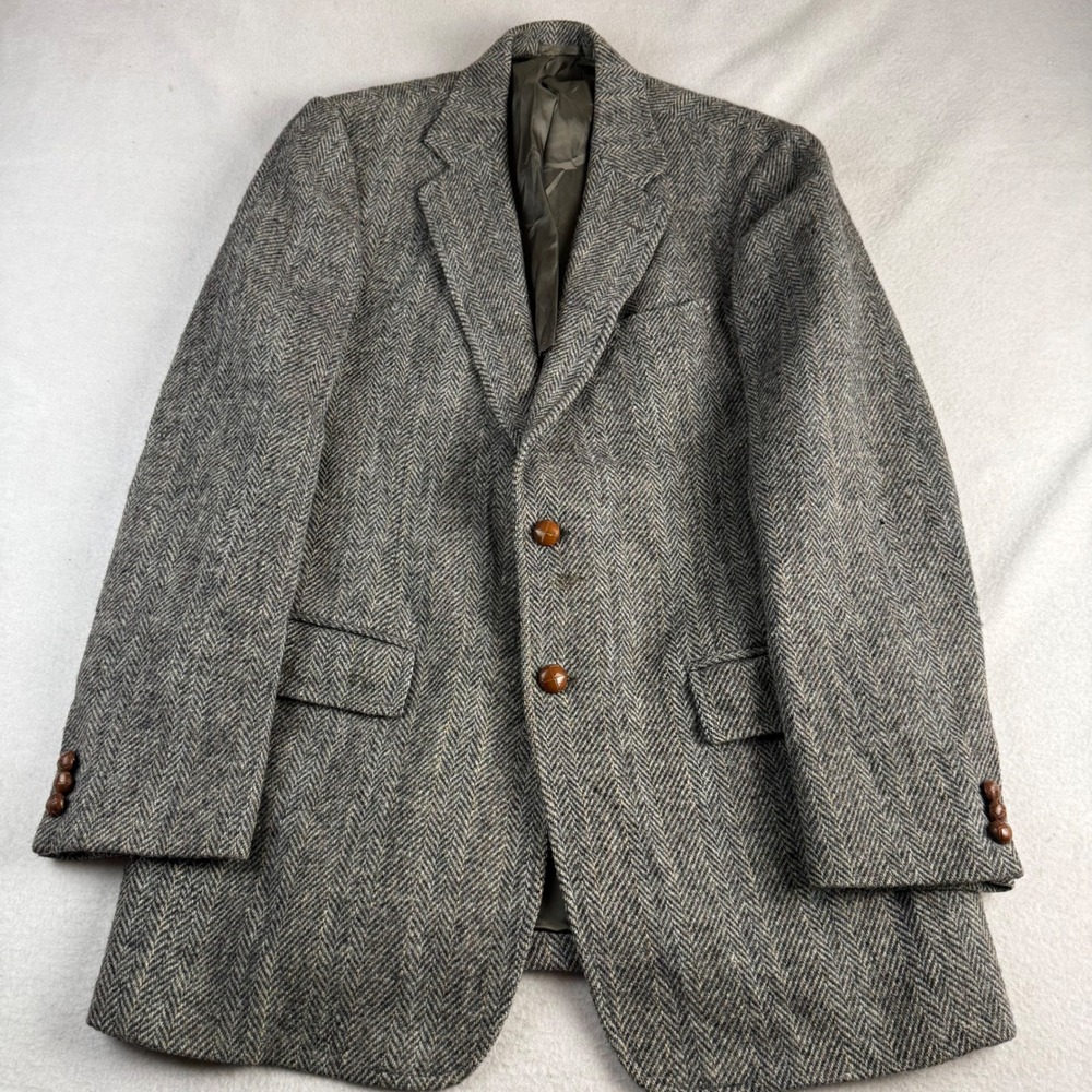 Stanley Blacker Harris Tweed Grey Herringbone Wool Sport Coat Blazer 40R USA